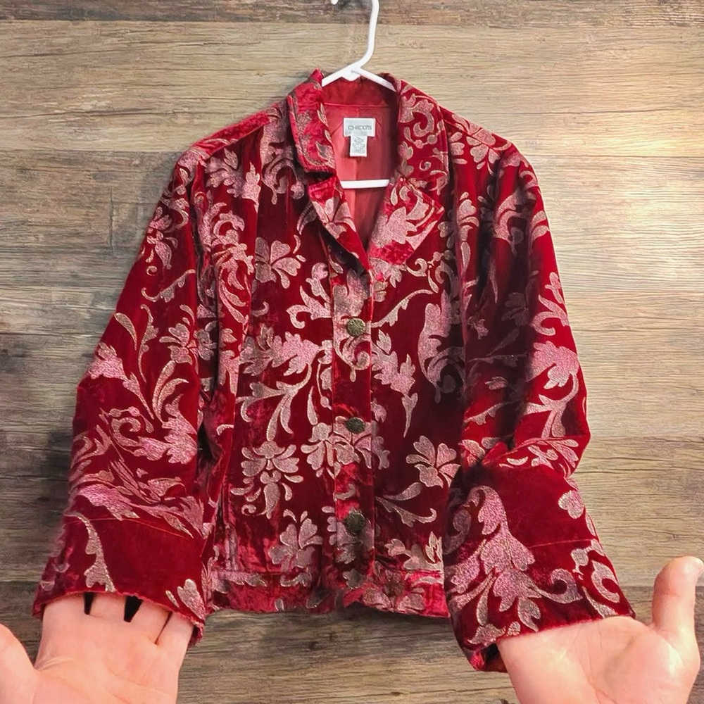 Chico's Red Velvet Jacket Blazer with Gold‎ Floral Accents